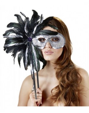 Masks, Máscara Plateada con Vara de Plumas Negra